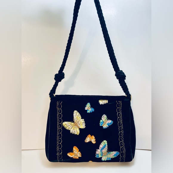 Lesco Lona Handbags - Vintage Lesco Lona Velvet Embroidered Black Pastel Butterfly Shoulder Bag